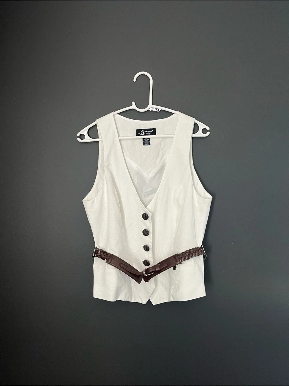 Vintage 90s Sharagano Studio White 100% Linen Button-Up Vest with Brown Belt